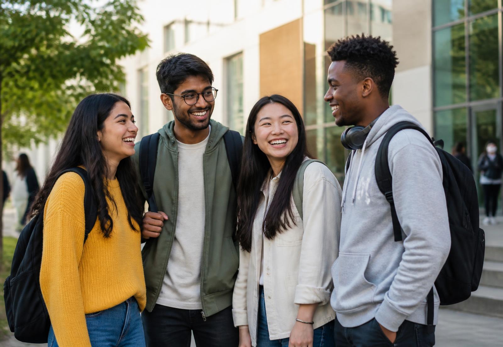 Young international students and professionals with backpacks, ready for their journey abroad